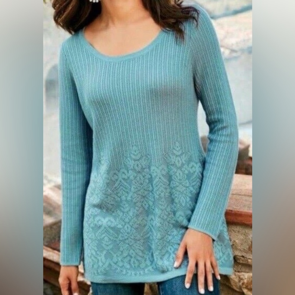 🪺 Soft Surroundings Aida Teal Long Sleeve Pull Over Crewneck Cotton Tunic L